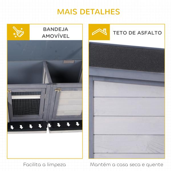 Coelheira de Madeira Gaiola para Coelhos com Telhado Asfáltico Rebatível Portas com Fecho Bandejas Removíveis 112x50x54 cm Cinzento