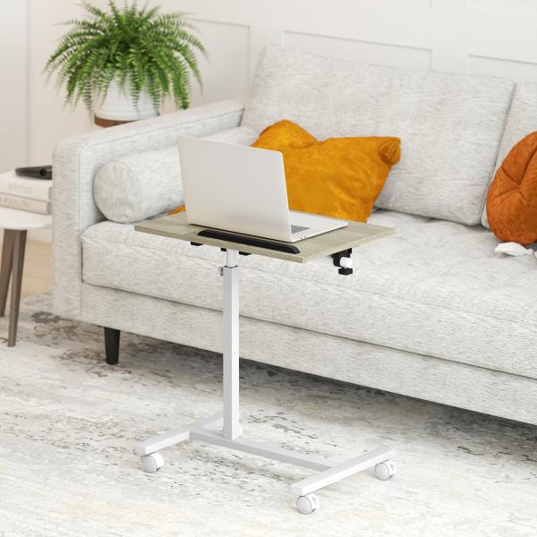 Mesa Auxiliar com Rodas Altura Ajustável Superfície Inclinável e Estrutura de Metal 57x40x67,5 - 101 cm Carvalho e Branco