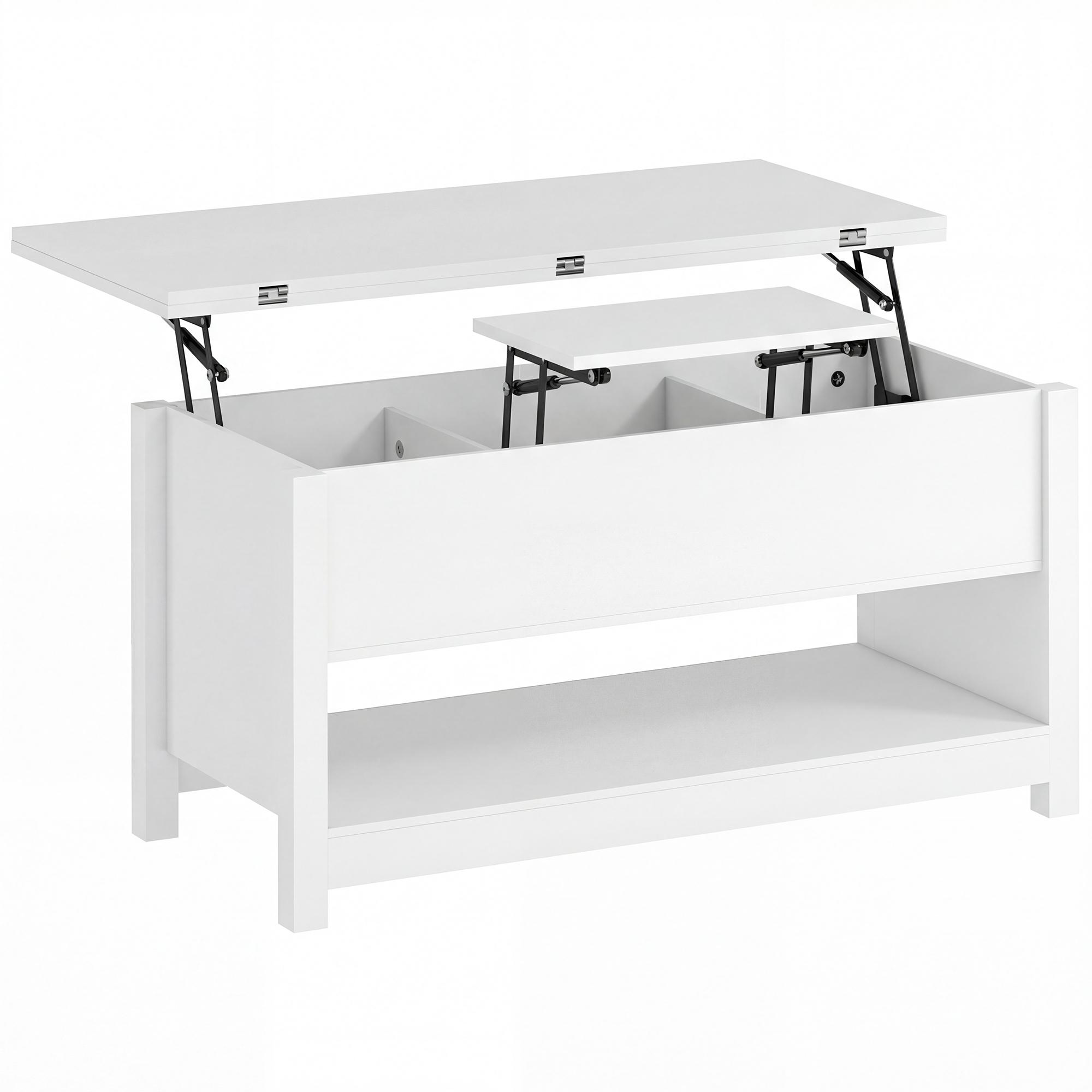 Mesa de Centro Elevatória e Extensível com Compartimentos Ocultos e Prateleira Aberta 100x90x64 cm Branco