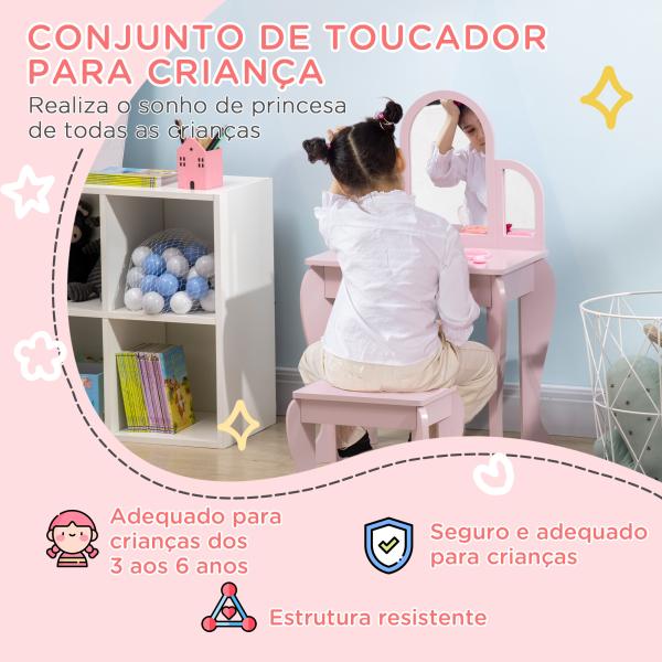 Toucador para Crianças com Espelho e Banco Toucador de Maquilhagem para Crianças de 3 a 6 Anos 52x32x85 cm Rosa