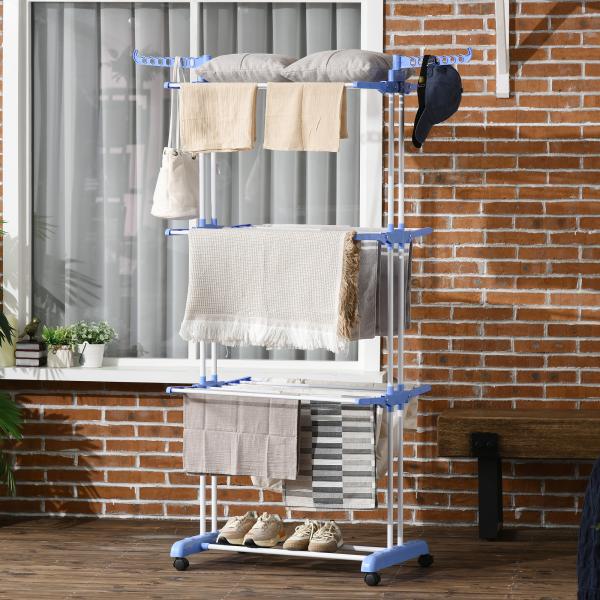Estendal Dobrável para Roupa com Rodas Estendal Vertical de Aço com 3 Níveis Laterais Dobráveis 73x64x177cm Azul e Branco