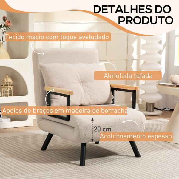 Poltrona Convertível em Cama Poltrona 3 em 1 Convertível em Cama com Encosto Ajustável em 5 Níveis 63x73x81 cm Bege
