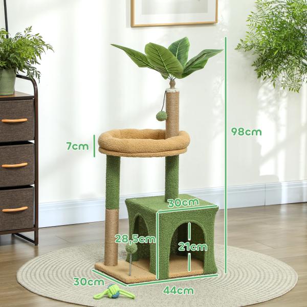 Árvore Arranhadora para Gatos 98 cm com Folhas Artificiais, Toca, Cama, Postes em Juta e 2 Bolas, Verde