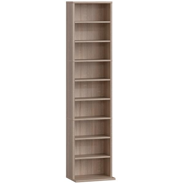 Estante para CDs e DVDs Suportes para CD Estreitos com 9 Compartimentos Prateleiras Ajustáveis 33x24x140 cm Madeira