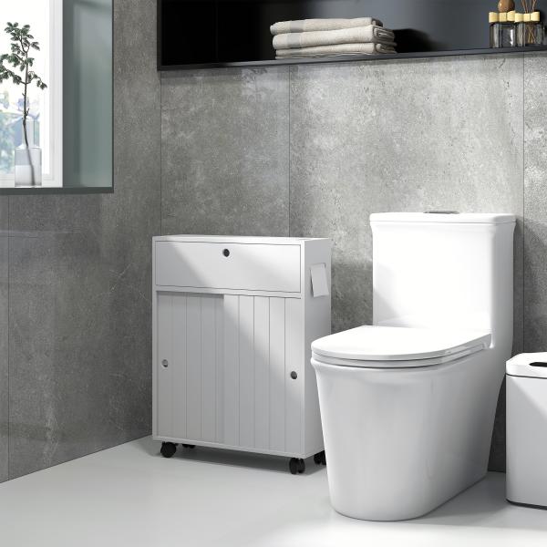 Armário Auxiliar Casa de Banho com 4 Rodas 2 Compartimentos para Papel Higiénico Armário e Prateleiras Ajustáveis 52x17x67 cm Branco