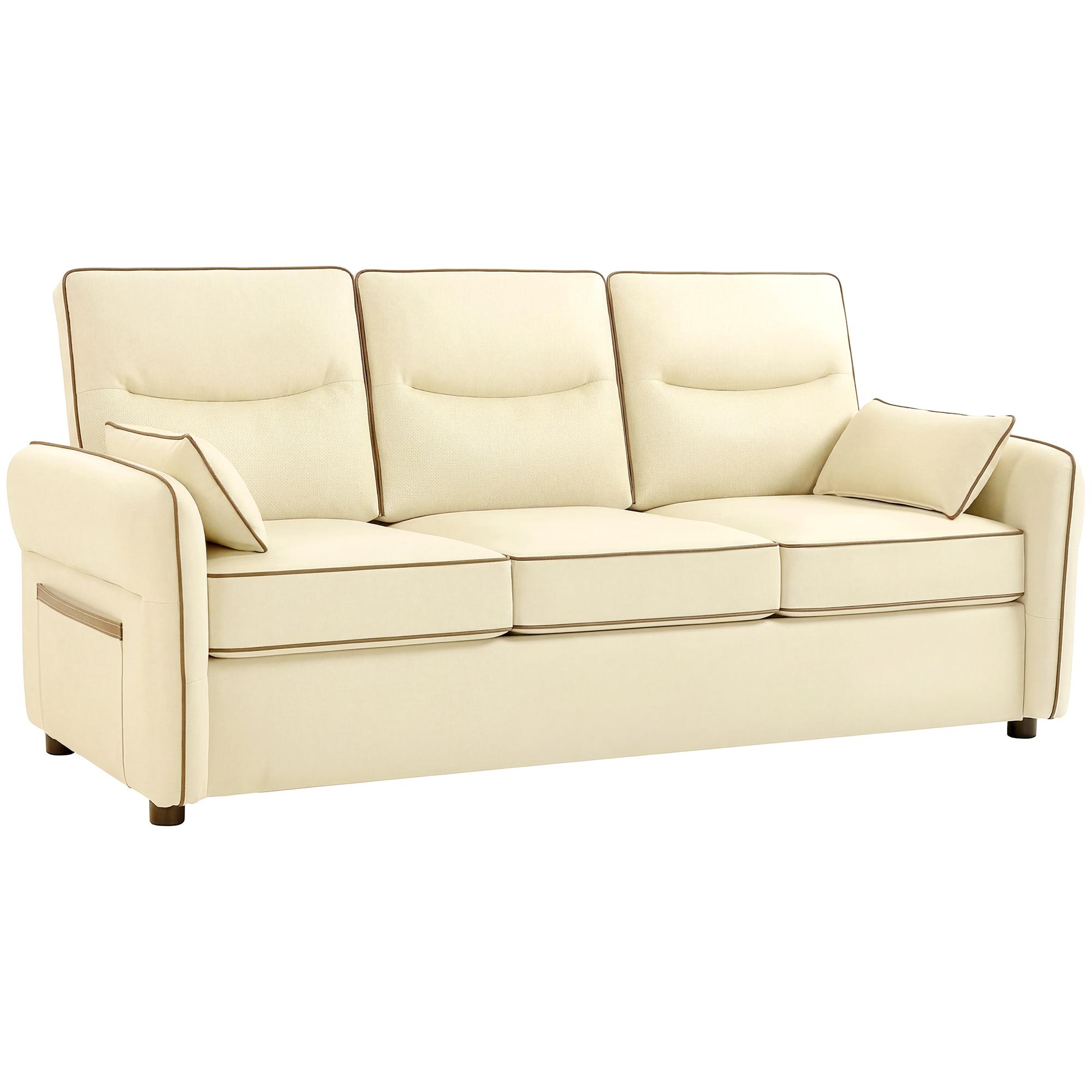 Sofá de 3 Lugares Sofá de Sala Moderno 190x85x80 cm Estofado em Couro Sintético com Bolso Lateral e 2 Almofadas Bege