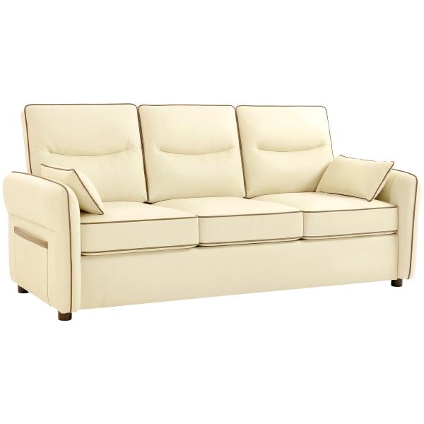 Sofá de 3 Lugares Sofá de Sala Moderno 190x85x80 cm Estofado em Couro Sintético com Bolso Lateral e 2 Almofadas Bege