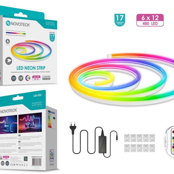 Fita Neon LED Colorida Novoteck LED-026 - 5m, 480 LEDs, 10W, 12V, 17 Modos de Cor, IP65