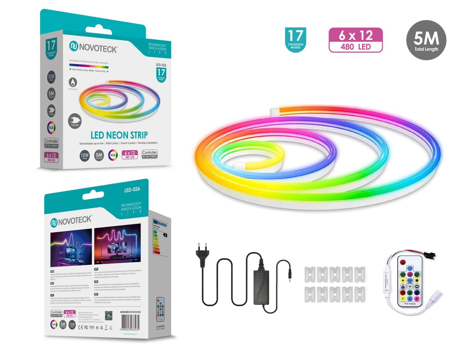 Fita Neon LED Colorida Novoteck LED-026 - 5m, 480 LEDs, 10W, 12V, 17 Modos de Cor, IP65