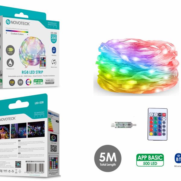 Fita LED Strip RGB Interativa Novoteck LED - 028 - 5m, 500 LEDs, 5W, Bluetooth, Controle por App, IP65