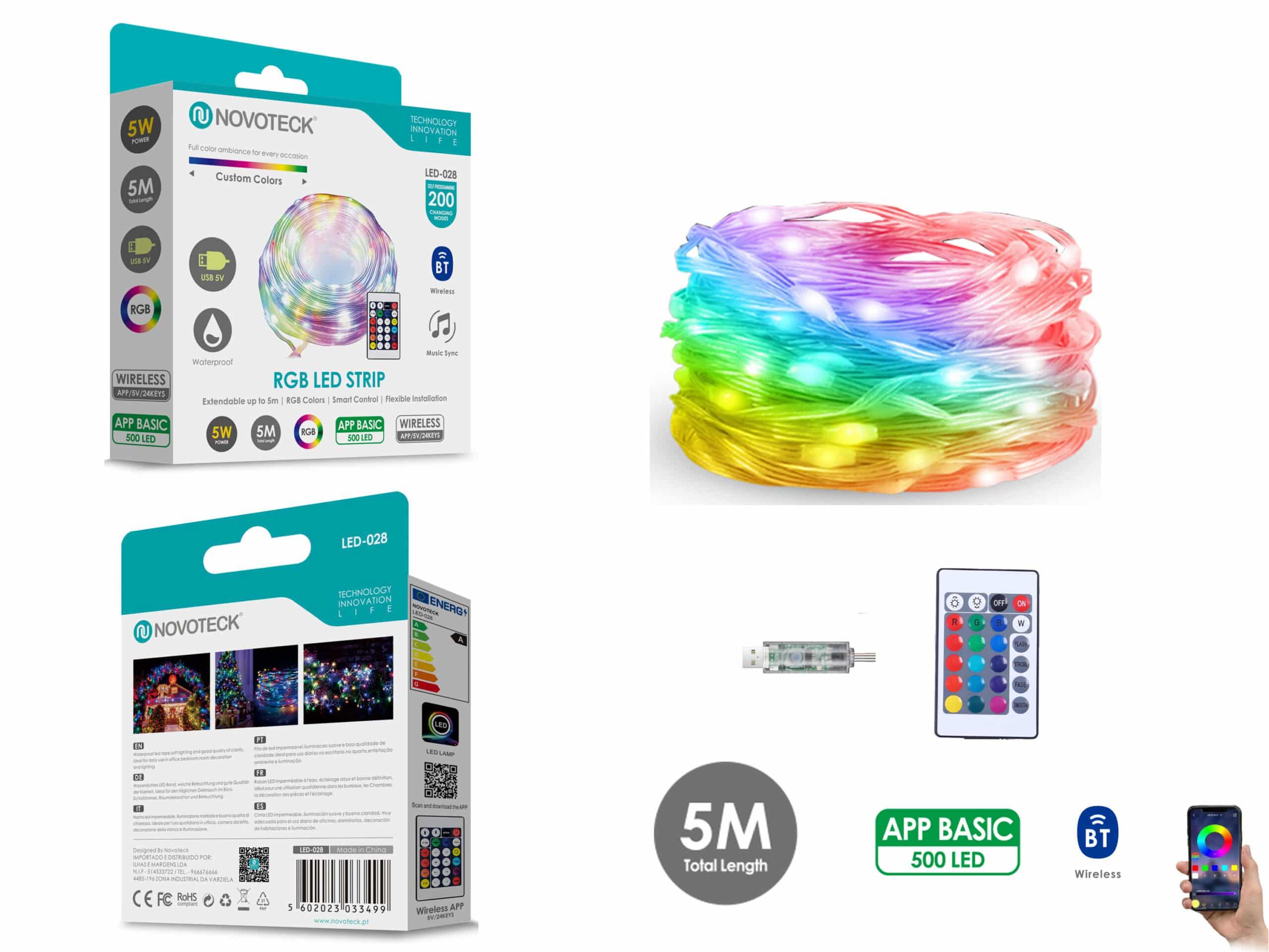 Fita LED Strip RGB Interativa Novoteck LED - 028 - 5m, 500 LEDs, 5W, Bluetooth, Controle por App, IP65