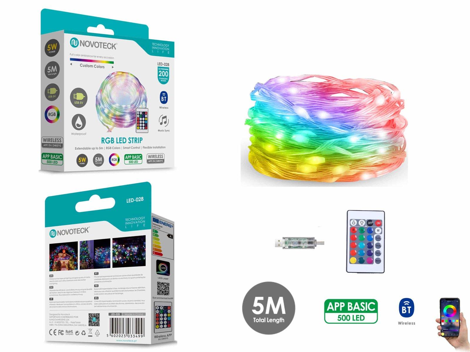 Fita LED Strip RGB Interativa Novoteck LED-028 - 5m, 500 LEDs, 5W, Bluetooth, Controle por App, IP65