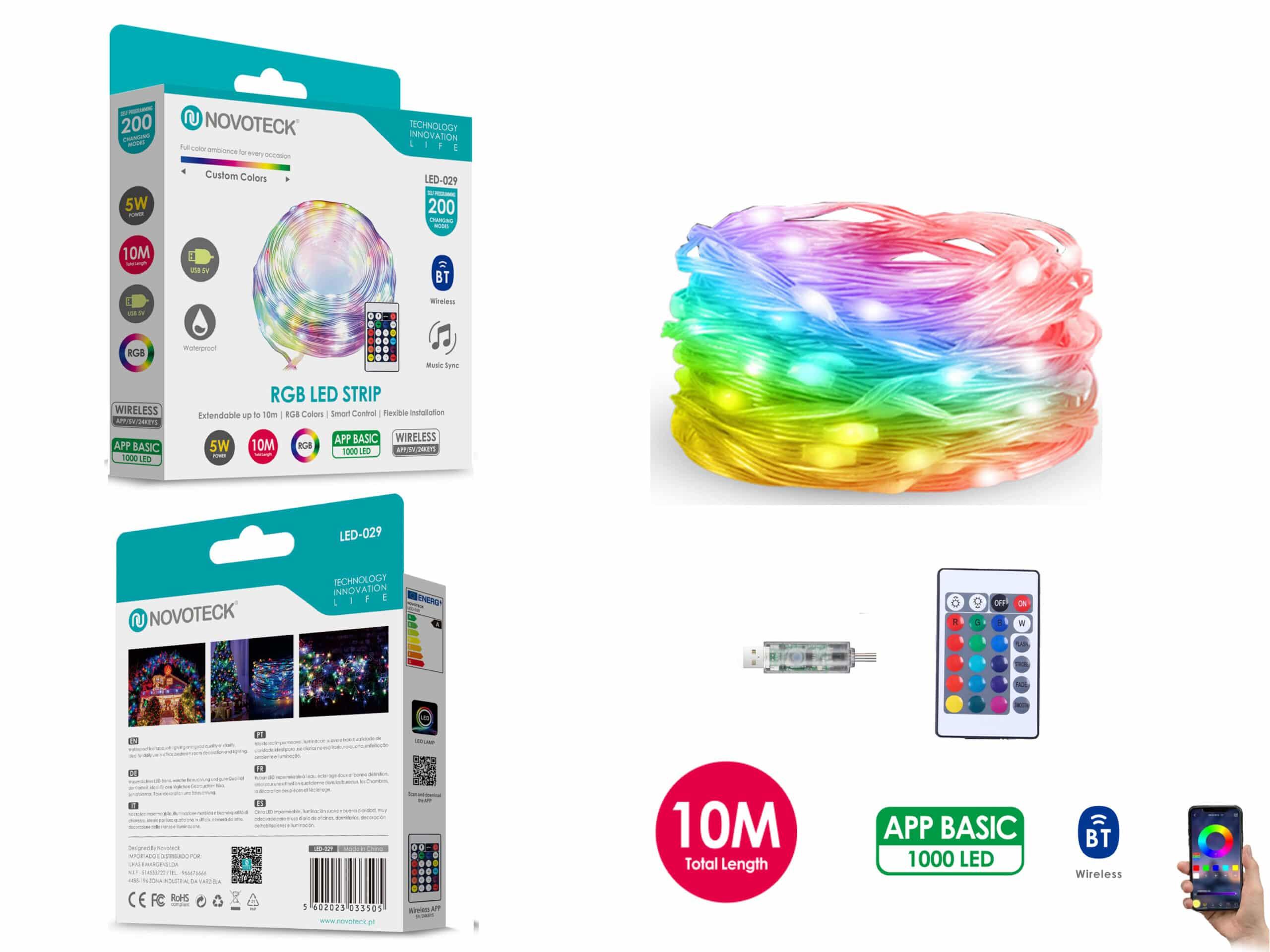 Fita LED Strip RGB Interativa Novoteck LED - 029 - 10m, 1000 LEDs, 5W, Bluetooth, Controle por App, IP65