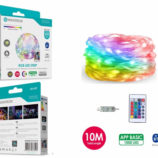 Fita LED Strip RGB Interativa Novoteck LED-029 - 10m, 1000 LEDs, 5W, Bluetooth, Controle por App, IP65