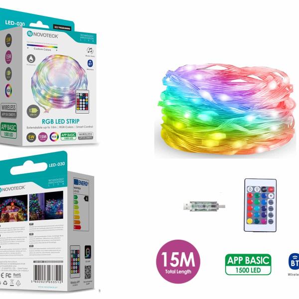 Fita LED Strip RGB Interativa Novoteck LED-030 - 15m, 1500 LEDs, 5W, Bluetooth, Controle por App, IP65