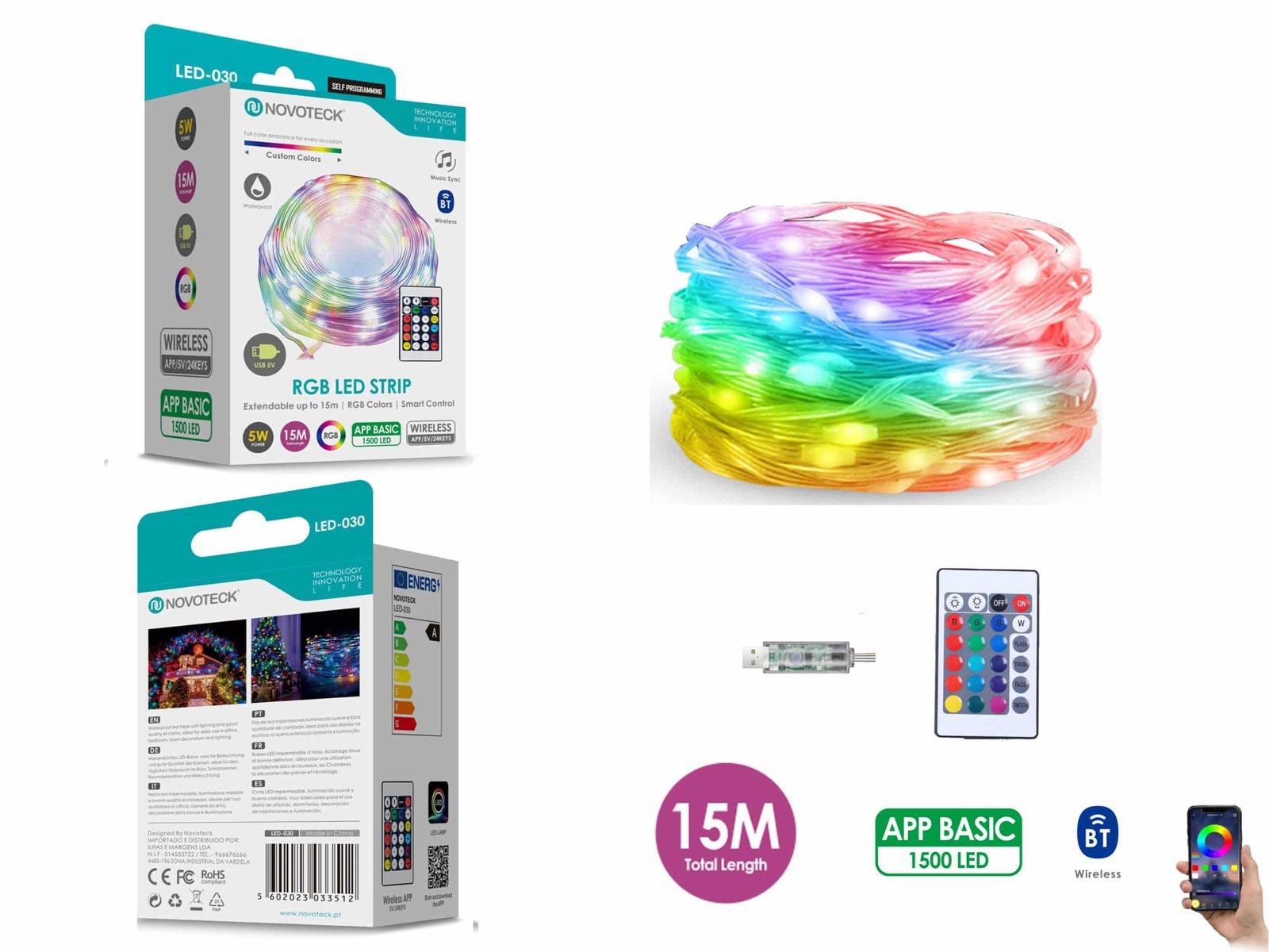 Fita LED Strip RGB Interativa Novoteck LED-030 - 15m, 1500 LEDs, 5W, Bluetooth, Controle por App, IP65