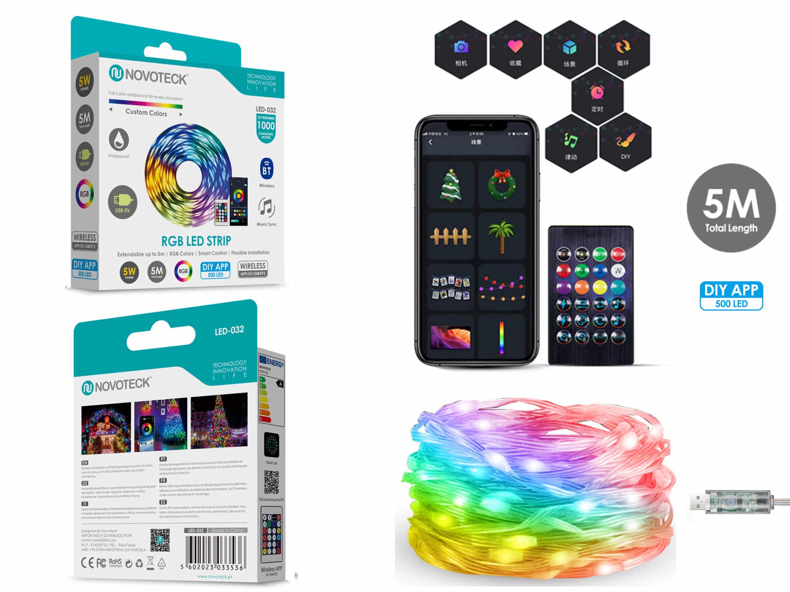 Fita LED Strip RGB Personalizável Novoteck LED - 032 - 5m, 500 LEDs, 5W, DIY App, IP65