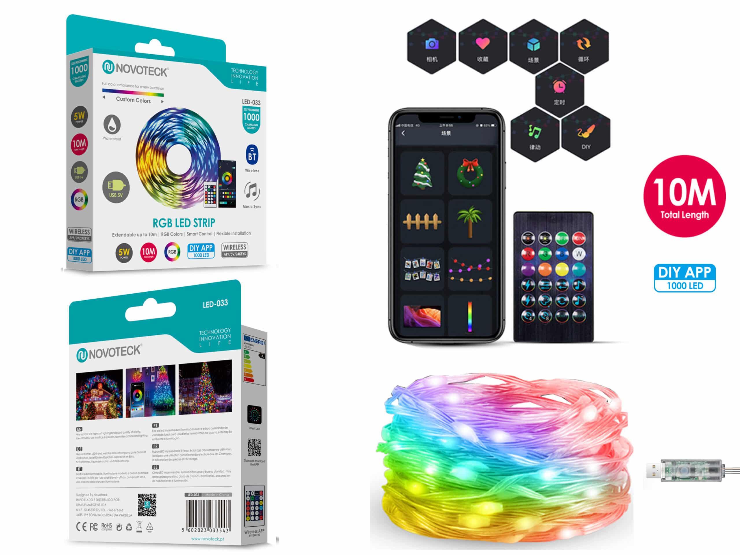 Fita LED Strip RGB Personalizável Novoteck LED - 033 - 10m, 1000 LEDs, 5W, DIY App, IP65