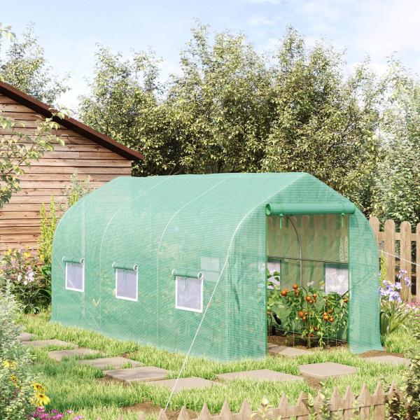 Estufa Tipo Túnel 400x200x200cm Estufa de Jardim com 6 Janelas Transpiráveis e Portas Enrolável com Zíper para Cultivo de Plantas e Verduras Verde