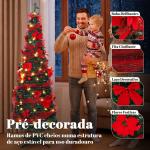 Árvore de Natal Artificial 180 cm com 150 Luzes LED 200 Ramos 11 Modos Bolas Fitas e Suporte Dobrável Verde e Vermelho