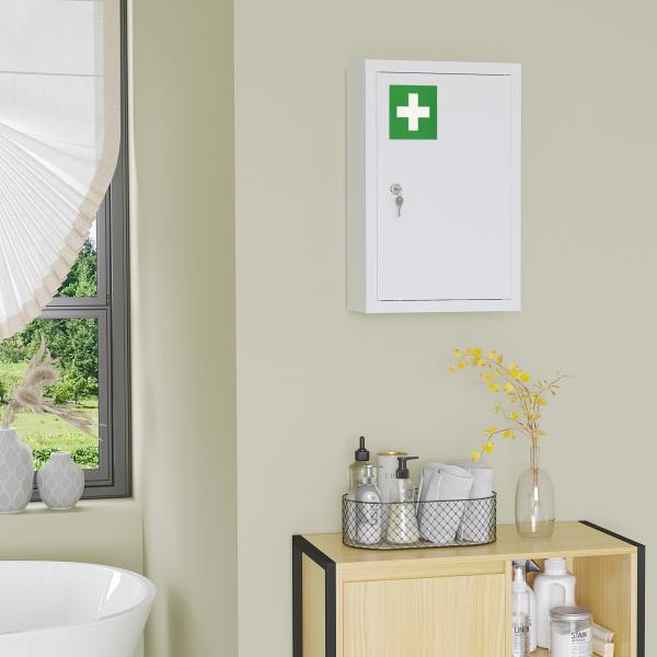Armário Farmácia de Parede em Aço com 3 Prateleiras de Armazenamento e 2 Chaves para Casa de Banho 30x14x46 cm Branco
