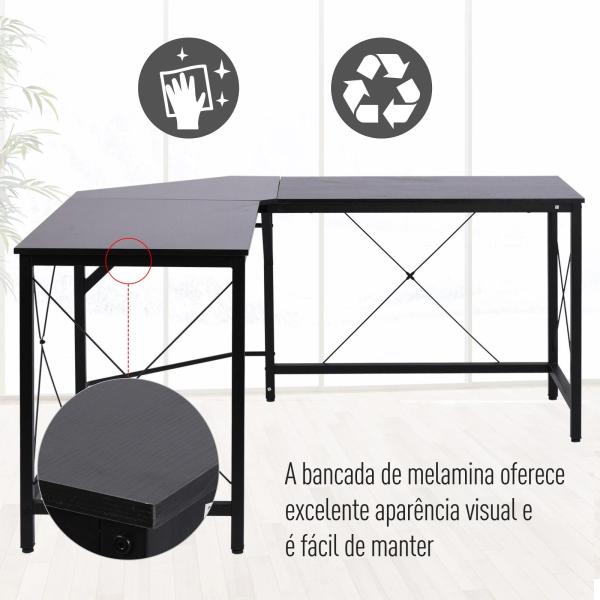 Secretária em Forma de L Secretária para Escritório com Estrutura de Metal Secretária de Canto 150x150x76 cm Preto