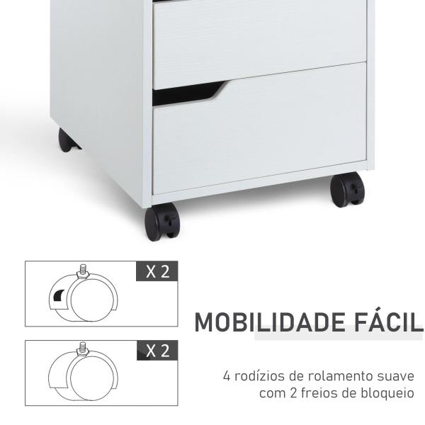 Bloco de Gavetas para Escritório Móvel de Escritório Bloco de Gavetas com 3 Gavetas e 4 Rodas 40x50x57,5 cm Branco