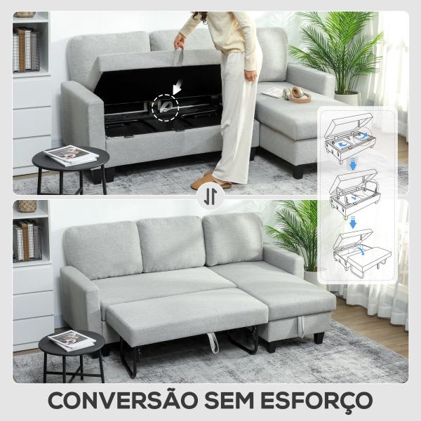 Sofá - Cama Chaise Longue de 3 Lugares Chaise Longue Reversível Ambos Lados com Armazenamento com Capas Removíveis 197x129x85 cm Cinza