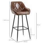 Conjunto de 2 Bancos Altos Estofados em PU com Encosto Alto Pés de Aço e Apoio para os Pés 50x47,5x102,5cm Marrom