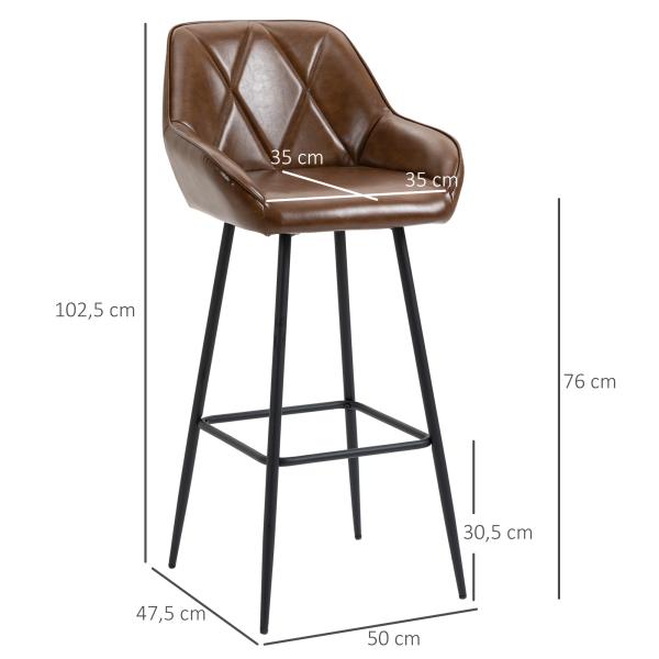 Conjunto de 2 Bancos Altos Estofados em PU com Encosto Alto Pés de Aço e Apoio para os Pés 50x47,5x102,5cm Marrom