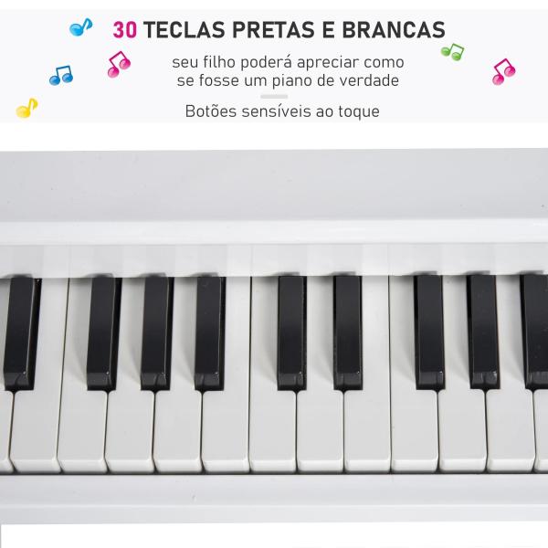 Piano de Cauda Infantil com 30 Teclas Banco Suporte de Partituras Piano para Crianças de MDF Instrumento Musical Educativo 52x50x49cm Branco