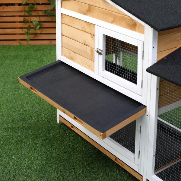 Coelheira de Madeira Exterior Gaiola para Coelhos de 2 Níveis com Teto Asfáltico 2 Cercados de Metal Bandeja Removível 3 Portas e Rampa 157,4x53x93,5cm Natural