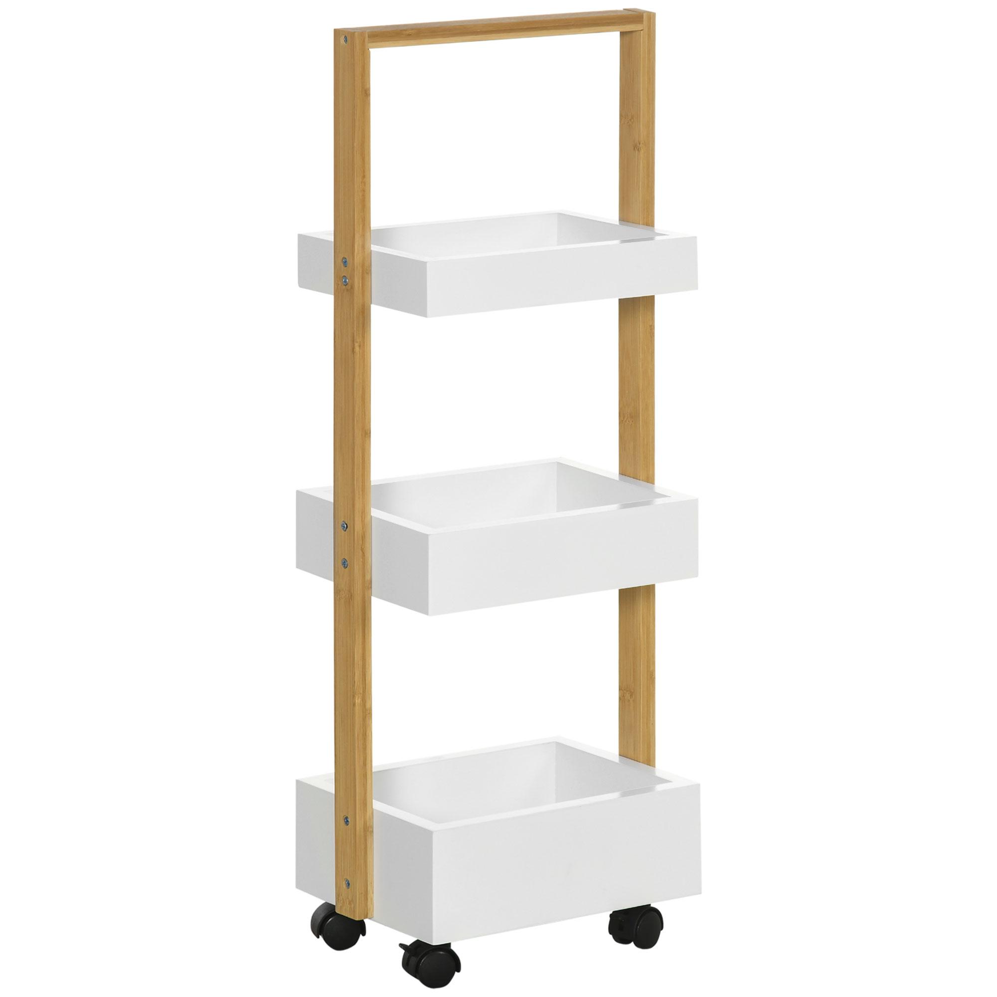 Carrinho de Casa de Banho de Bambu com Rodas e 3 Cestos de Armazenamento 28x18x75 cm Branco e Madeira