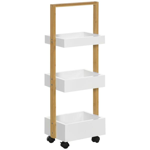 Carrinho de Casa de Banho de Bambu com Rodas e 3 Cestos de Armazenamento 28x18x75 cm Branco e Madeira