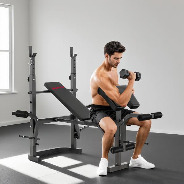 Banco de Musculação Multifuncional Inclinável Banco de Pesos com Suporte para Barra Ajustável Extensão de Pernas 106x155x202 cm Preto
