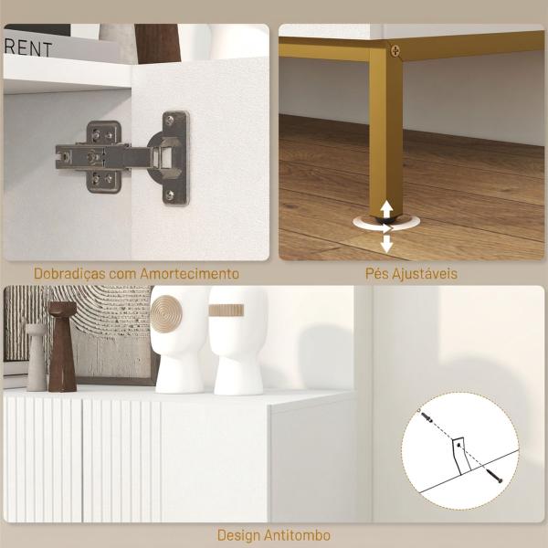 Aparador para Sala com 4 Portas, Prateleiras Ajustáveis e Pés Dourados 140x40x75 cm para Entrada ou Quarto, Branco