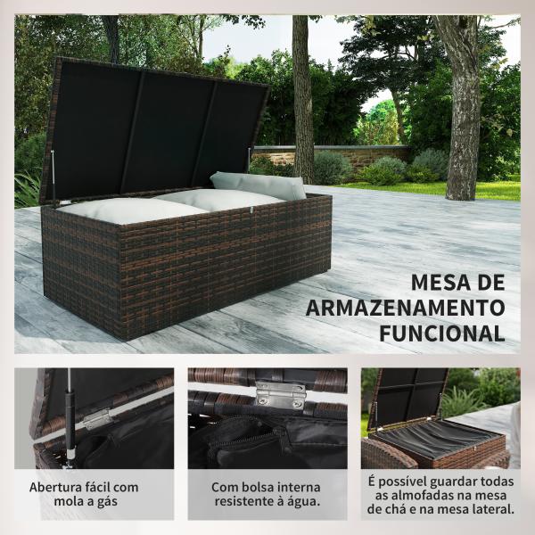 Conjunto de Jardim Exterior de Vime 6 Peças Almofadas Sofá Duplo Sofá de 3 Lugares 2 Poltronas 2 Mesas Auxiliares Bege