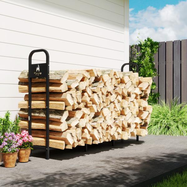 Suporte Metálico para Lenha 199x30x121 cm Suporte para Lenha de Exterior com Estrutura de Aço Pés Extra Preto