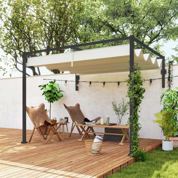 Pérgola de Parede 297x211x220 cm Pérgola de Jardim com Teto Retrátil e Estrutura de Aço Pérgola Creme