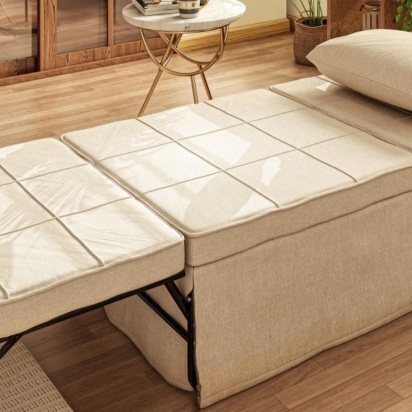 Sofá Cama 4 em 1 Estofado em Linho com Encosto Ajustável em 5 Níveis e Almofada Acolchoada 75x80x74 cm Creme