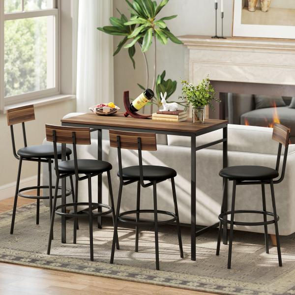 Conjunto de Mesa Alta de Bar com 4 Bancos, Assentos em PU com Encosto e Apoio para os Pés, Castanho