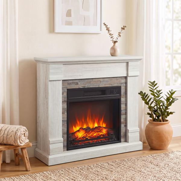 Lareira Elétrica Decorativa 1800 W com Efeito de Chama de 3 Níveis Termóstato Temporizador e Comando Madeira Natural