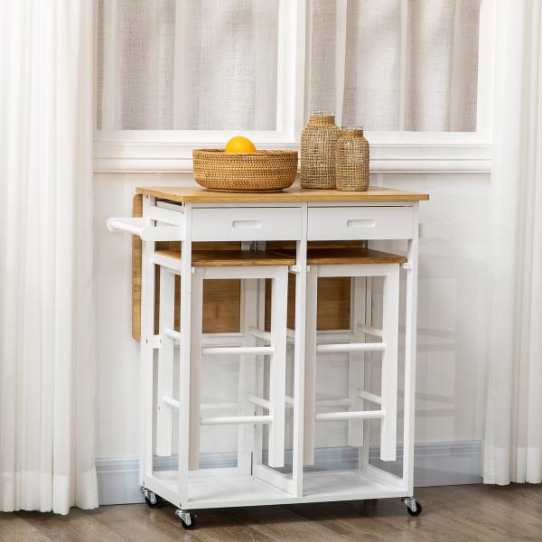 Conjunto de Mesa Alta de Bar e 2 Bancos com Rodas Mesa Dobrável de Cozinha com Bancos 86x75,5x83,5 cm Natural