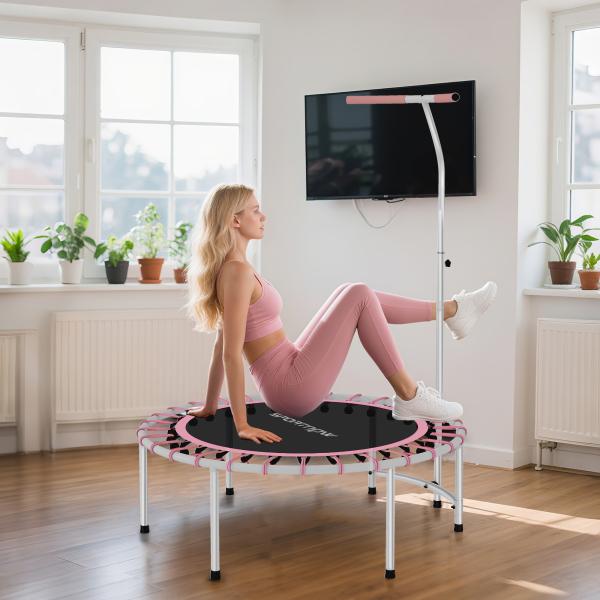 Trampolim de Fitness Adultos Ø102 cm com Pega Ajustável de 5 Níveis Estrutura em Aço para Treino de Pernas Corpo Rosa