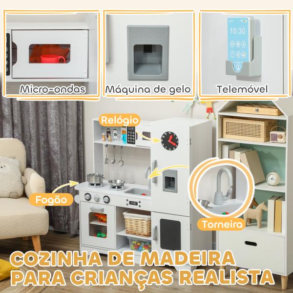 Cozinha de Madeira para Crianças com Fogão Lavatório Micro - Ondas Relógio Máquina de Gelo e Acessórios 100,5x41x110 cm Brancp