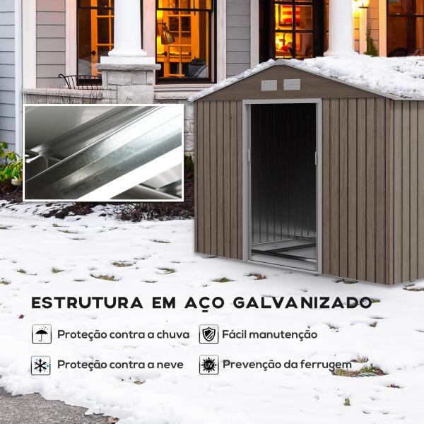 Abrigo de Jardim 277x195x192 cm Metálico para Armazenamento de Ferramentas com Base de Reforço Incluída Madeira