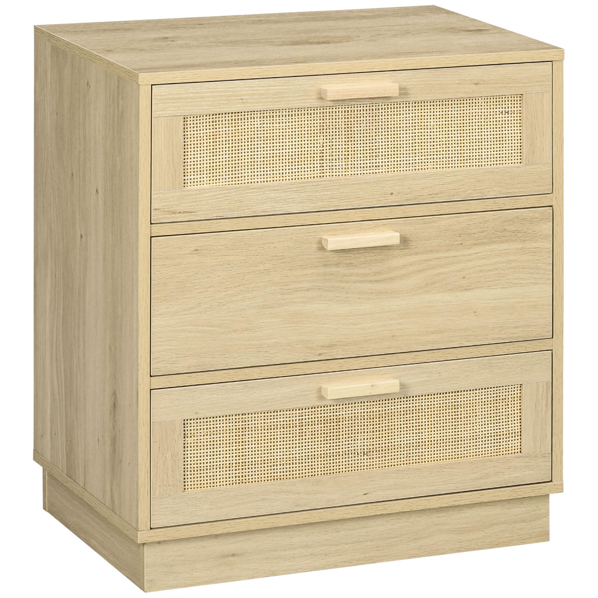 Cómoda com 3 Gavetas de Vime Cómoda de Madeira para Dormitório Sala de Estar Estilo Boêmio 60x38x69 cm Madeira
