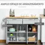 Carrinho de Cozinha com Rodas 2 Gavetas 3 Portas Prateleiras Ajustáveis e Barra para Sala de Jantar 121x46x91cm Cinza e Madeira