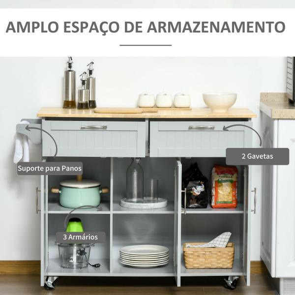 Carrinho de Cozinha com Rodas 2 Gavetas 3 Portas Prateleiras Ajustáveis e Barra para Sala de Jantar 121x46x91cm Cinza e Madeira