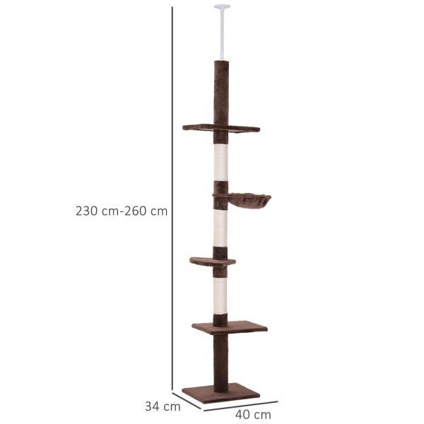 Árvore Arranhadora para Gatos Arranhador para Fixar ao Teto Altura Ajustável com Plataformas Poste de Sisal 40x34x230 - 260cm Marrom